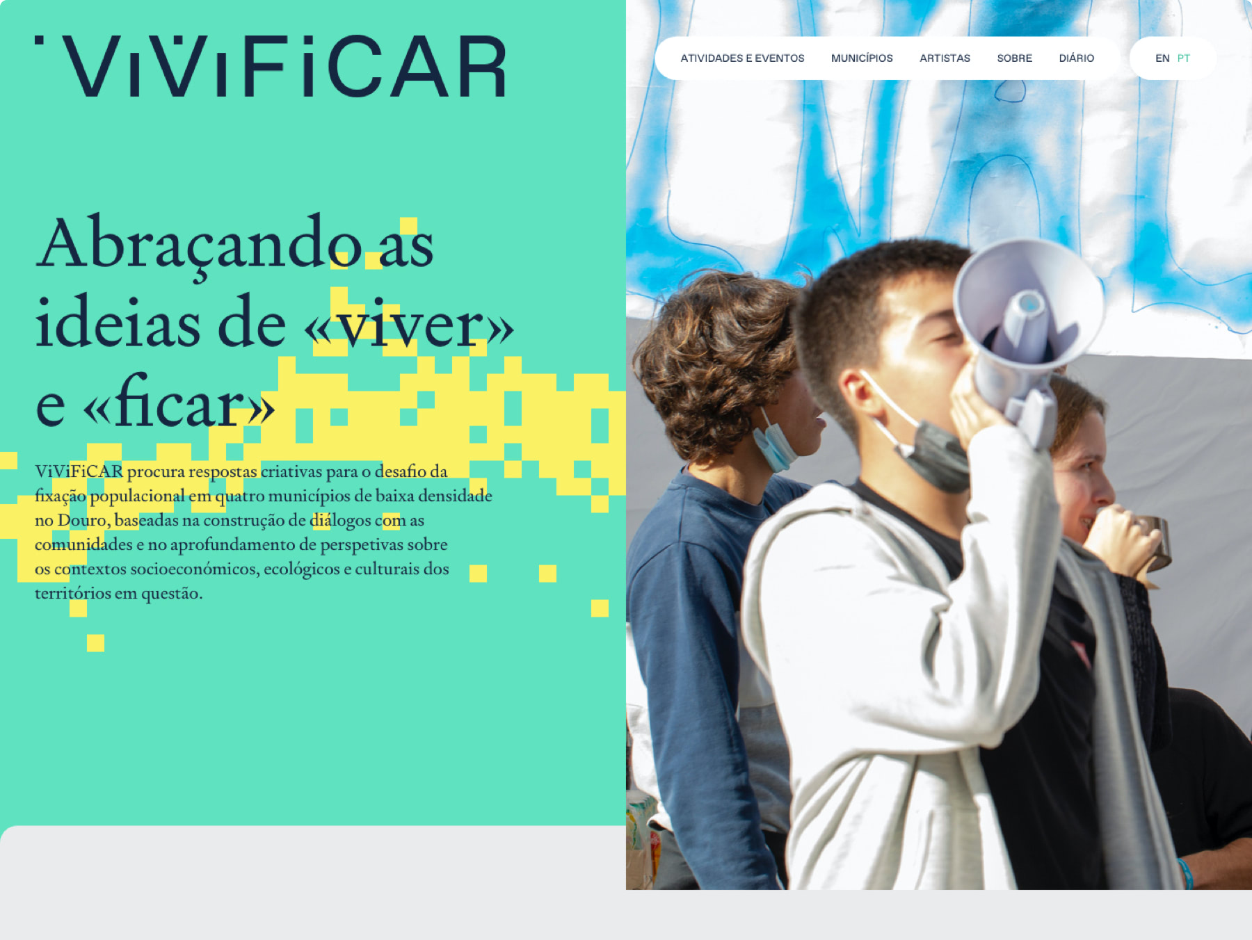 Above the fold (first section) of the home page.